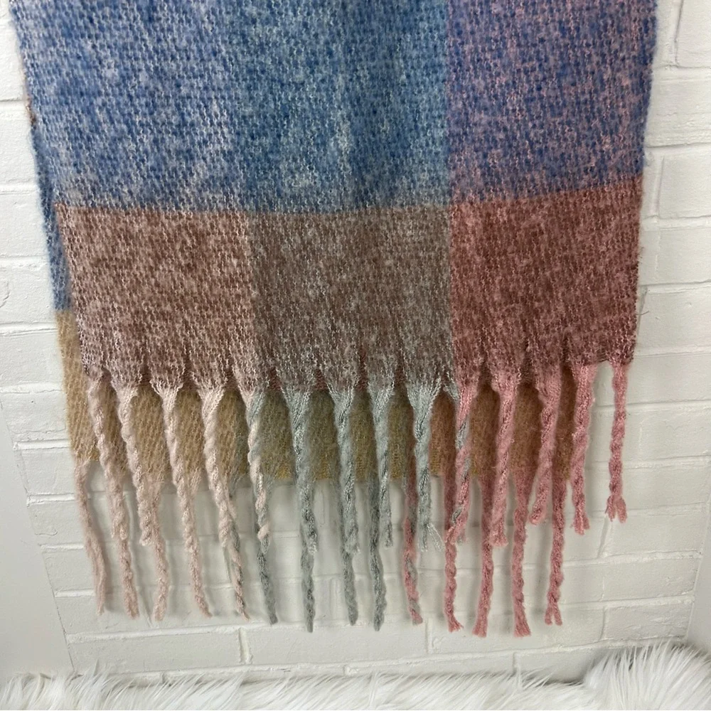 Multi Color Plaid Knit Chunky Fringe Scarf